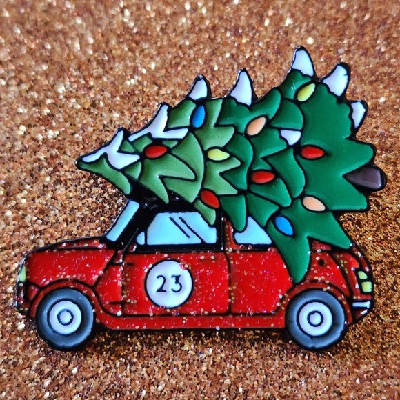 3/$20 Winter Holiday Red Glitter Car With Christmas Tree on Roof Enamel Pin - Picture 1 of 2